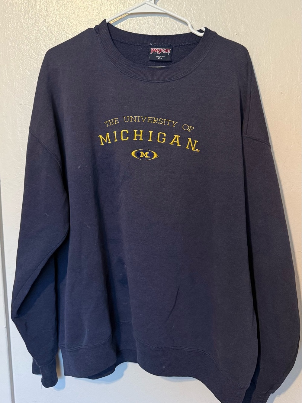 Very loved Vintage Jansport Navy Sweatshirt with Yellow Michigan Script